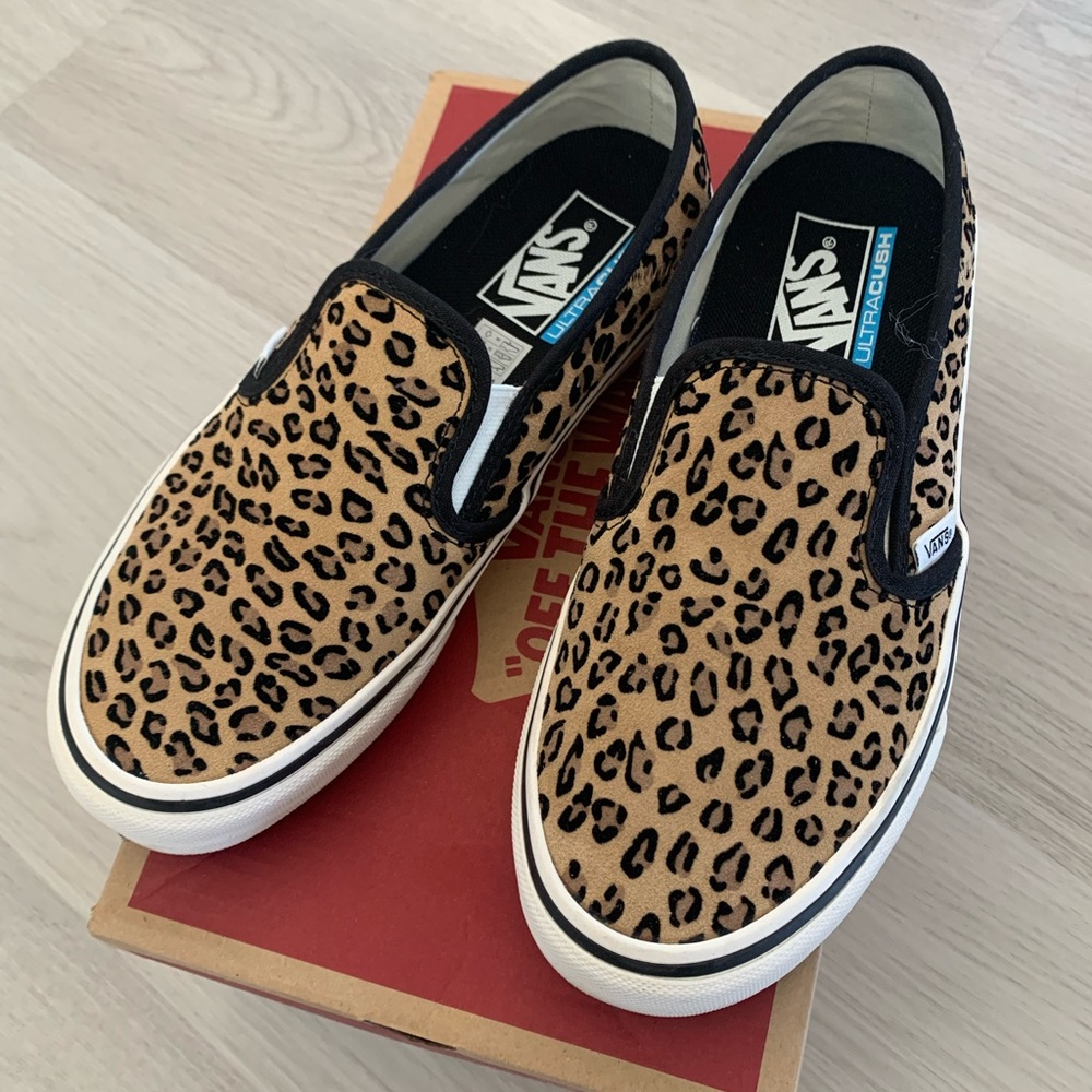 Vans mini leopard print slip ons